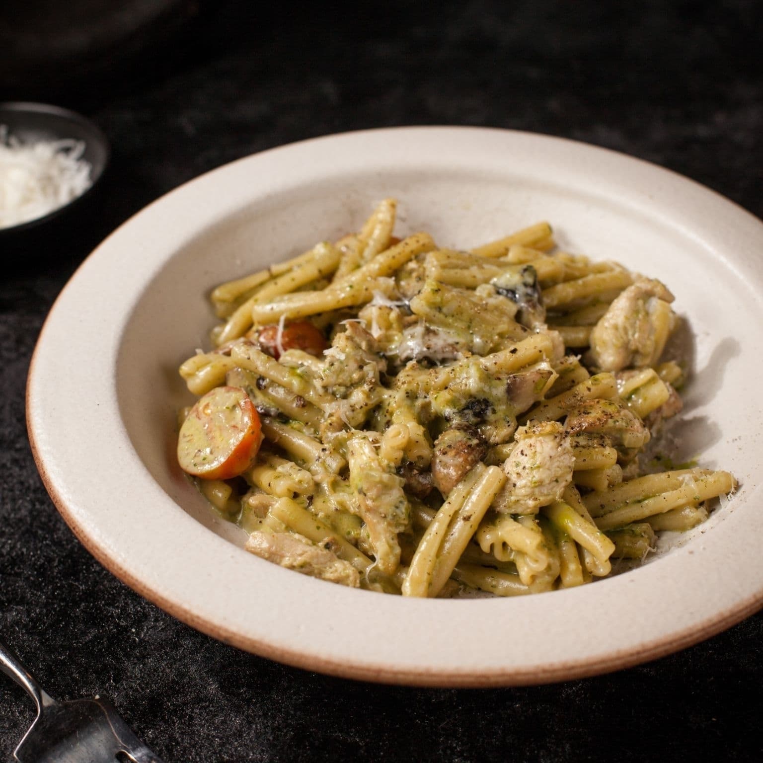 PASTA WITH CHICKEN, MUSHROOMS, AND HOMEMADE PESTO